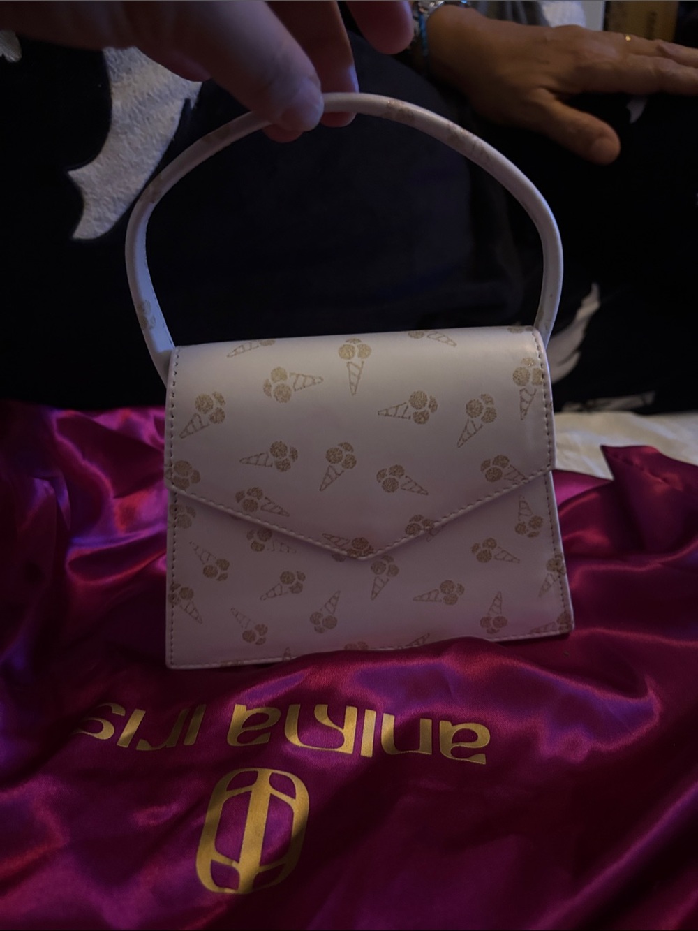Anima Iris White Zaza Top-Handle Bag with Gold Ice Cream Print. Never used.